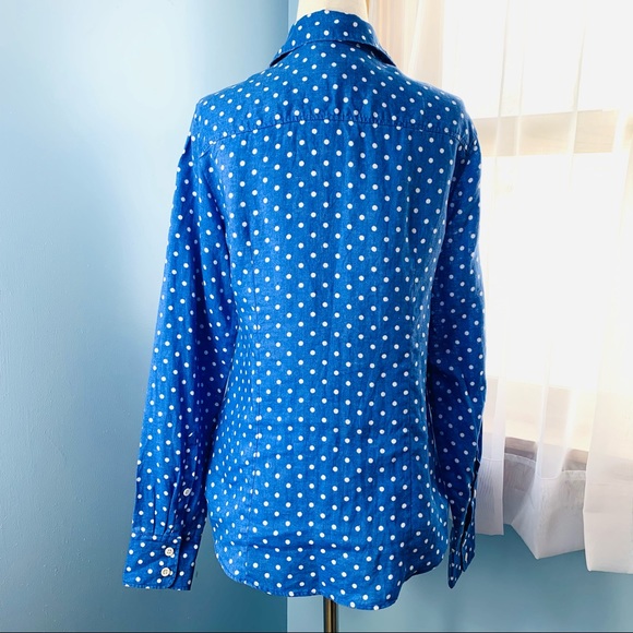 J. Crew Blue Linen Perfect Button Down with White Polka Dots - Picture 5 of 8